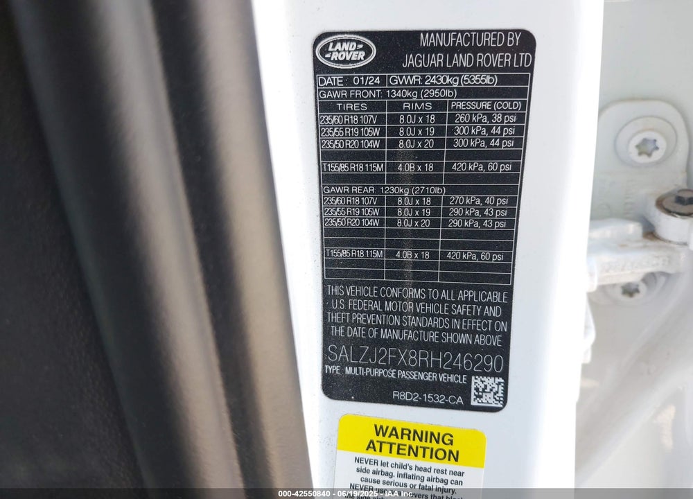 2024 LAND ROVER RANGE ROVER EVOQUE CORE S VIN: SALZJ2FX8RH246290