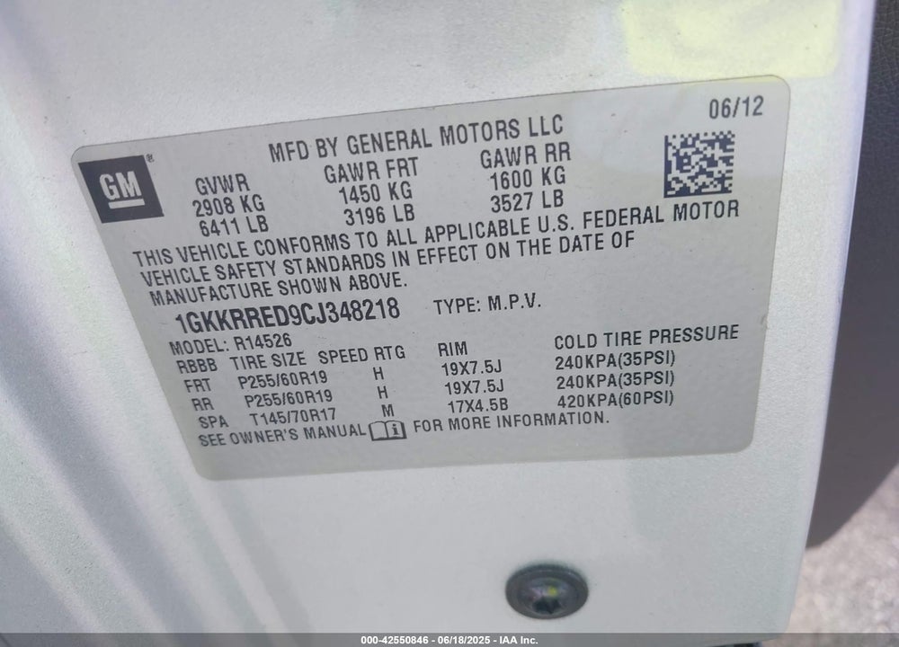 2012 GMC ACADIA SLT-1 VIN: 1GKKRRED9CJ348218