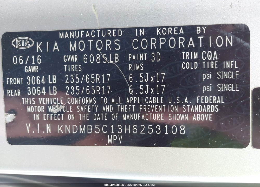 2017 KIA SEDONA LX VIN: KNDMB5C13H6253108