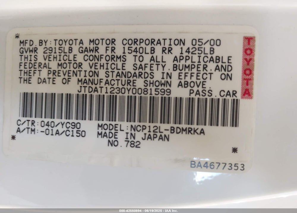 2000 TOYOTA ECHO VIN: JTDAT1230Y0081599