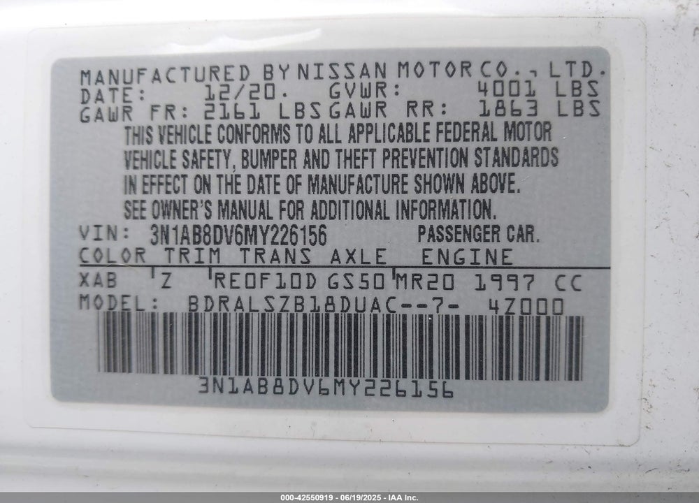 2021 NISSAN SENTRA VIN: 3N1AB8DV6MY226156