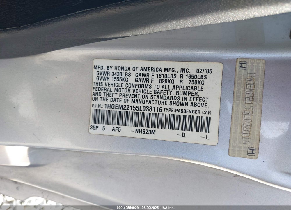 2005 HONDA CIVIC VP VIN: 1HGEM22155L038116