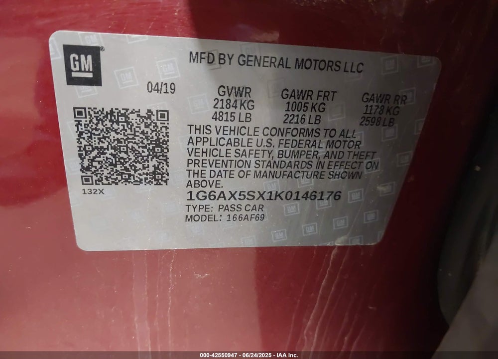 2019 CADILLAC CTS VIN: 1G6AX5SX1K0146176