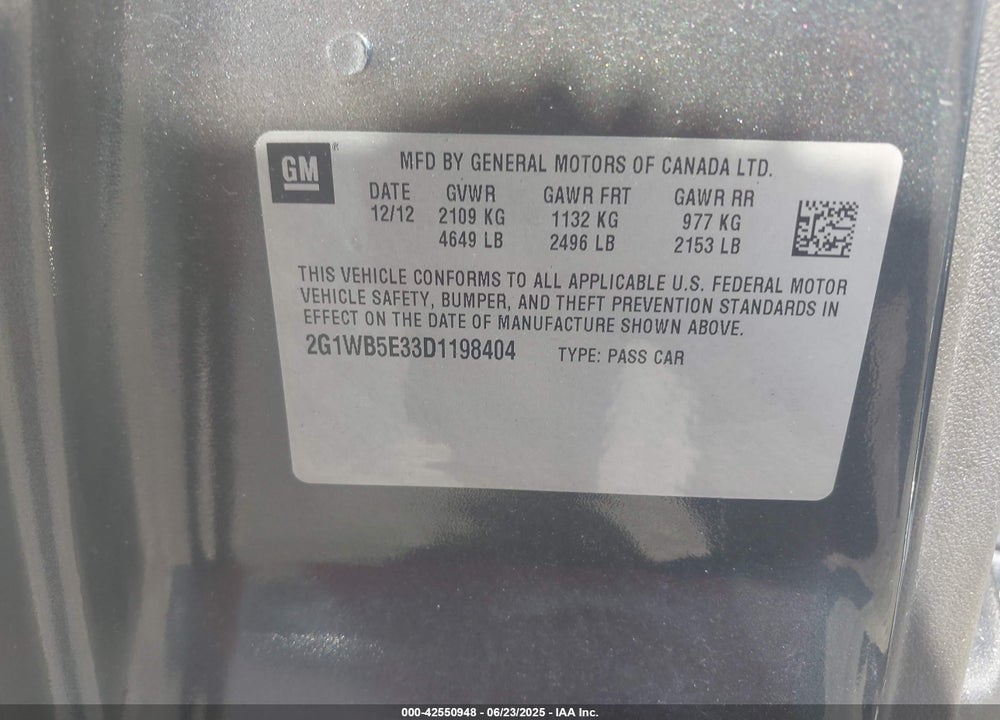 2013 CHEVROLET IMPALA VIN: 2G1WB5E33D1198404