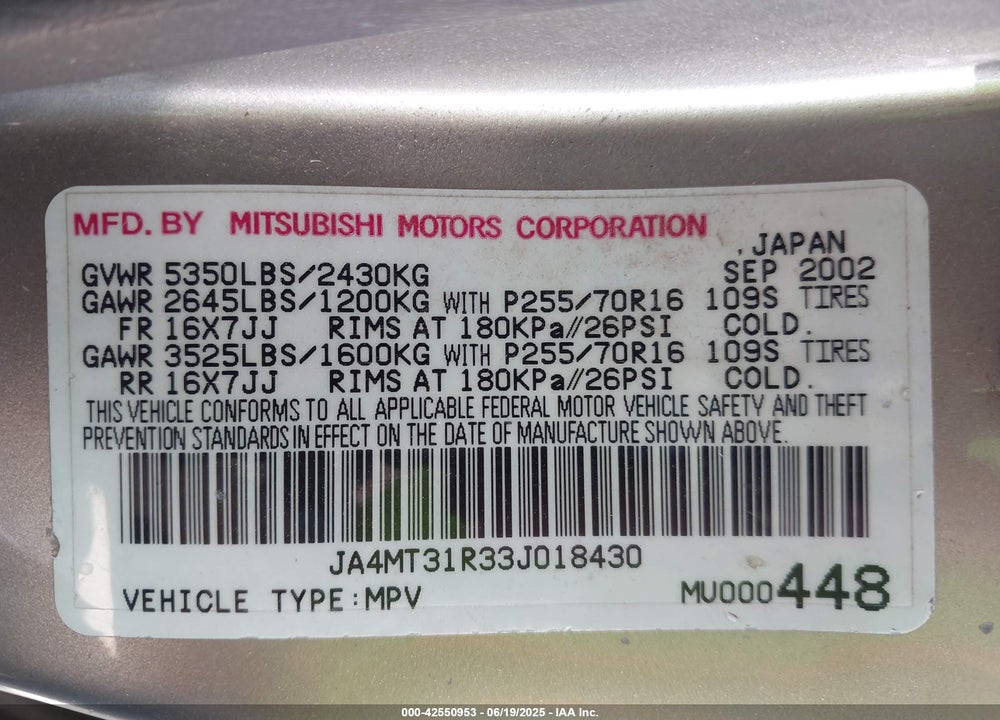 2003 MITSUBISHI MONTERO SPORT XLS VIN: JA4MT31R33J018430