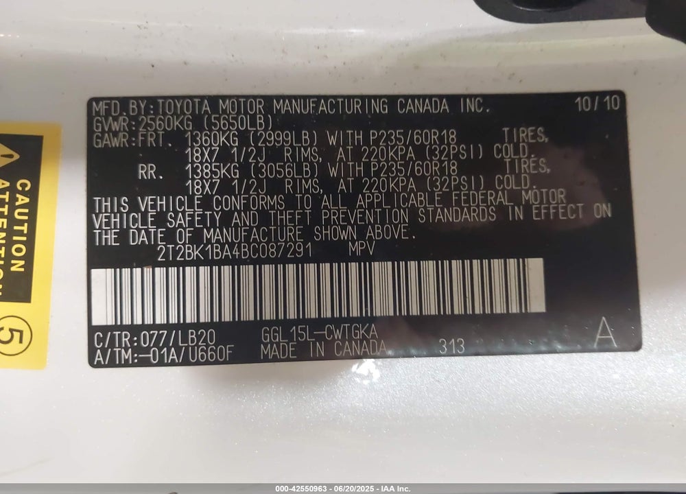 2011 LEXUS RX 350 VIN: 2T2BK1BA4BC087291