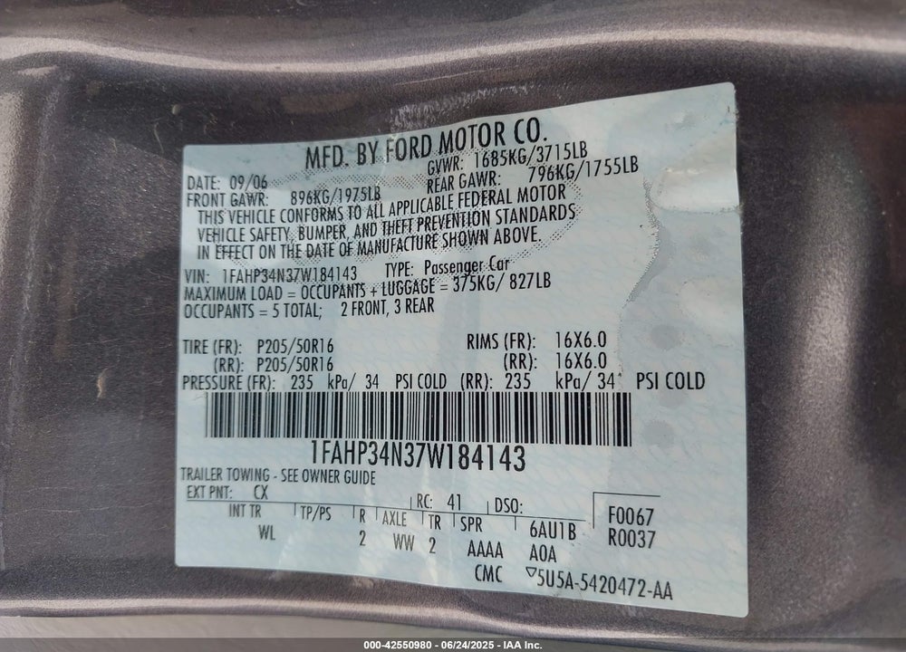 2007 FORD FOCUS S/SE/SES VIN: 1FAHP34N37W184143