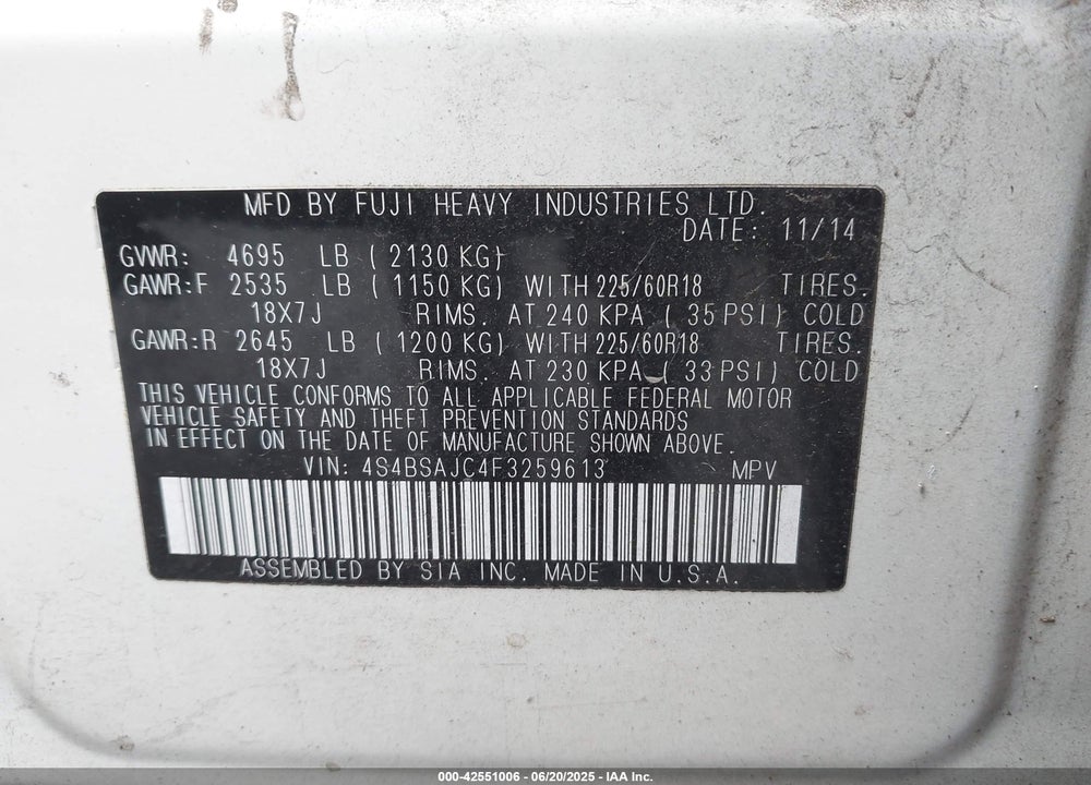2015 SUBARU OUTBACK VIN: 4S4BSAJC4F3259613