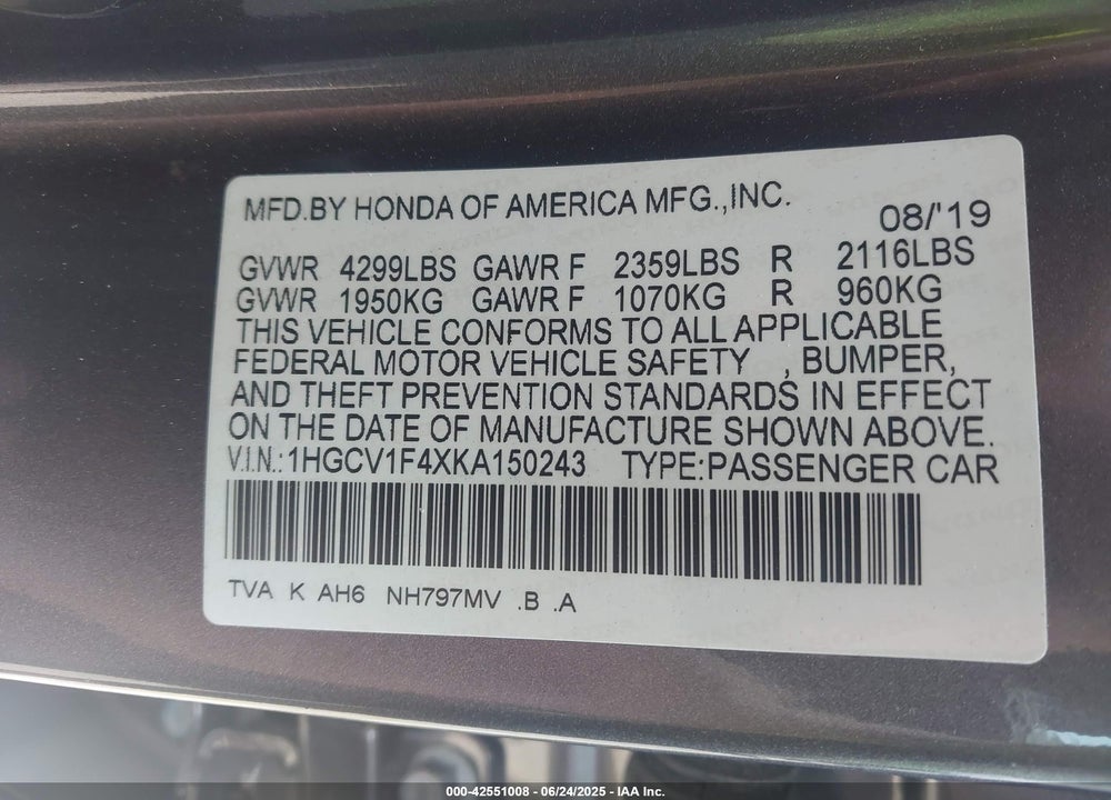 2019 HONDA ACCORD EX VIN: 1HGCV1F4XKA150243