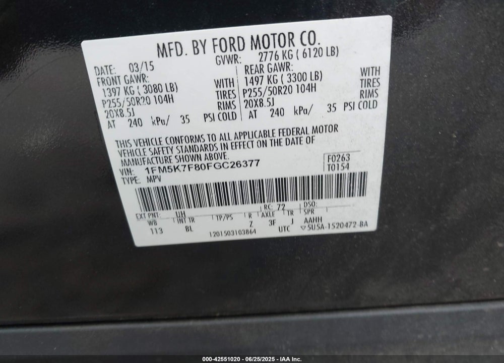 2015 FORD EXPLORER VIN: 1FM5K7F80FGC26377