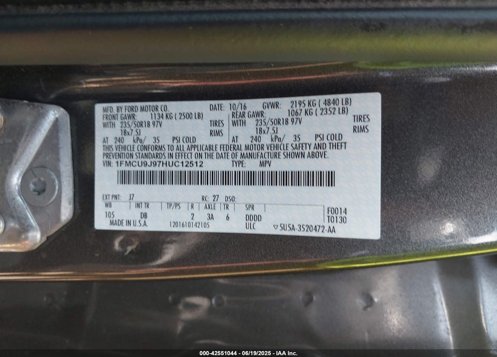 2017 FORD ESCAPE VIN: 1FMCU9J97HUC12512