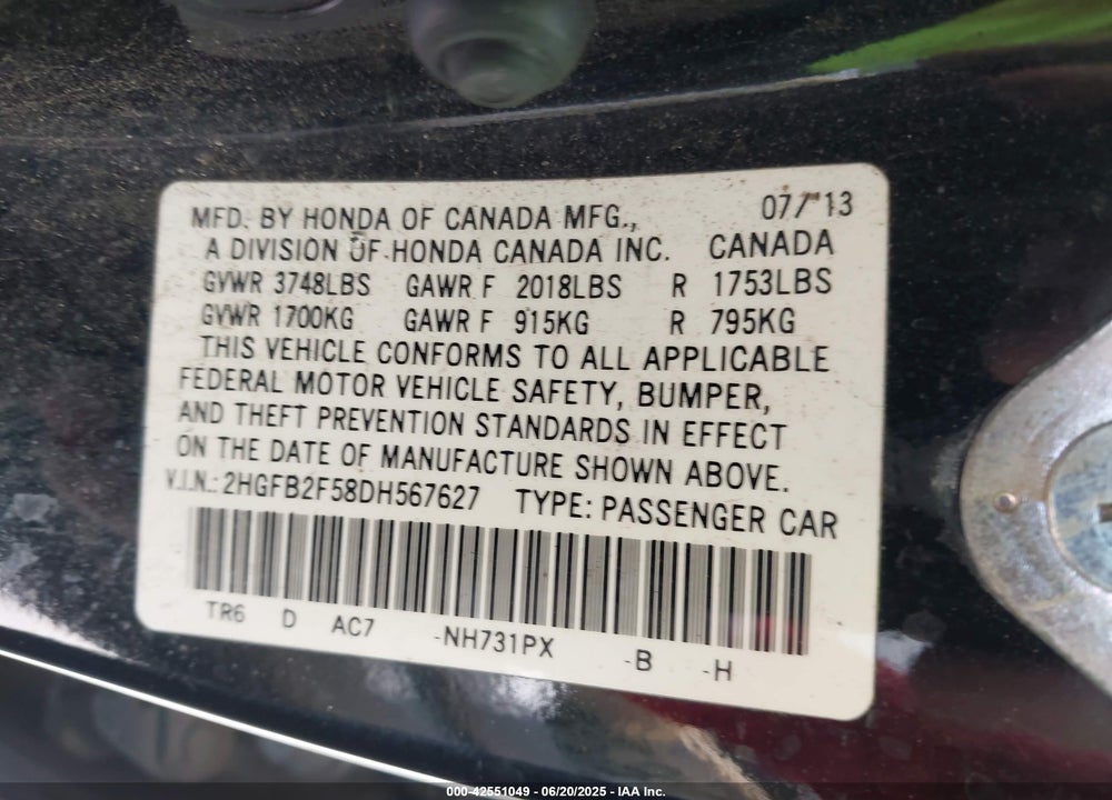 2013 HONDA CIVIC VIN: 2HGFB2F58DH567627