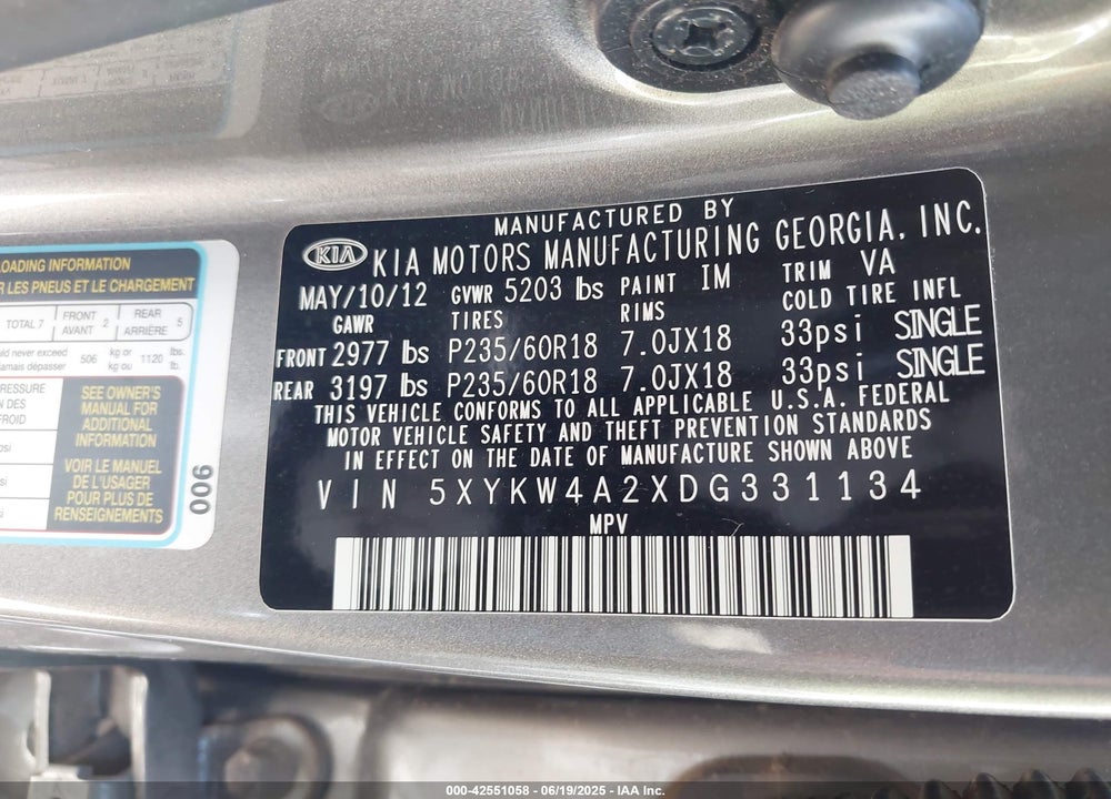 2013 KIA SORENTO SX VIN: 5XYKW4A2XDG331134