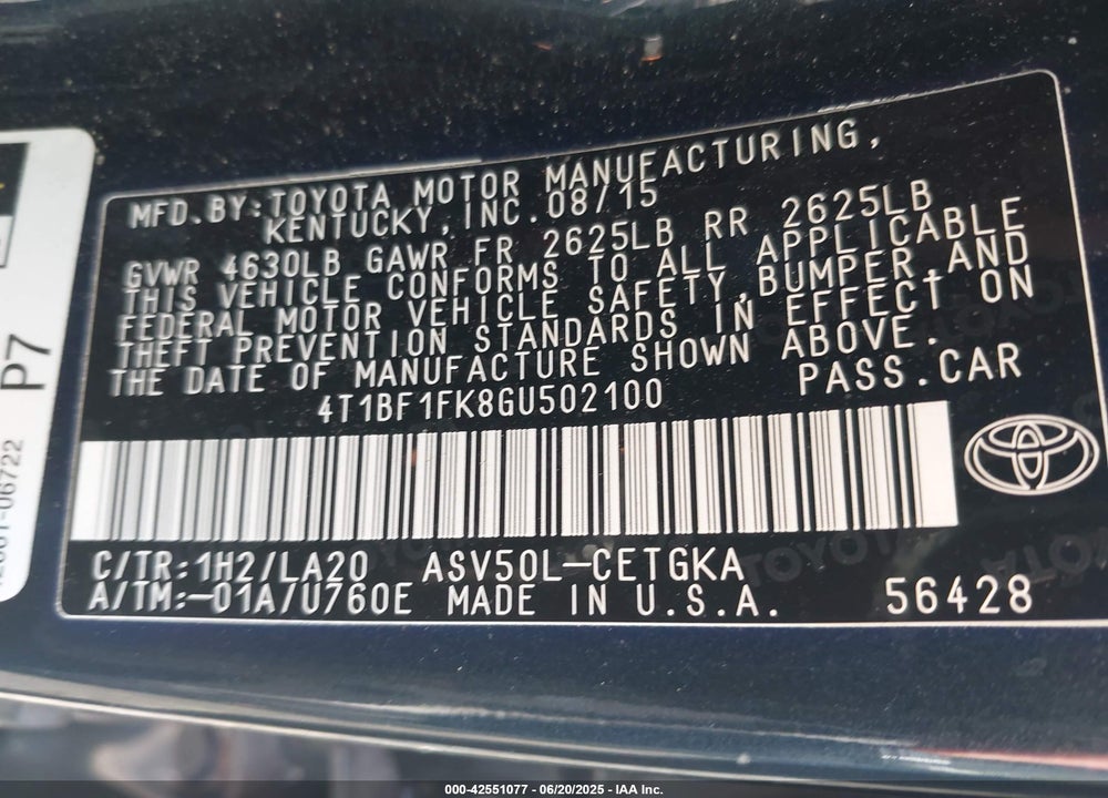 2016 TOYOTA CAMRY VIN: 4T1BF1FK8GU502100