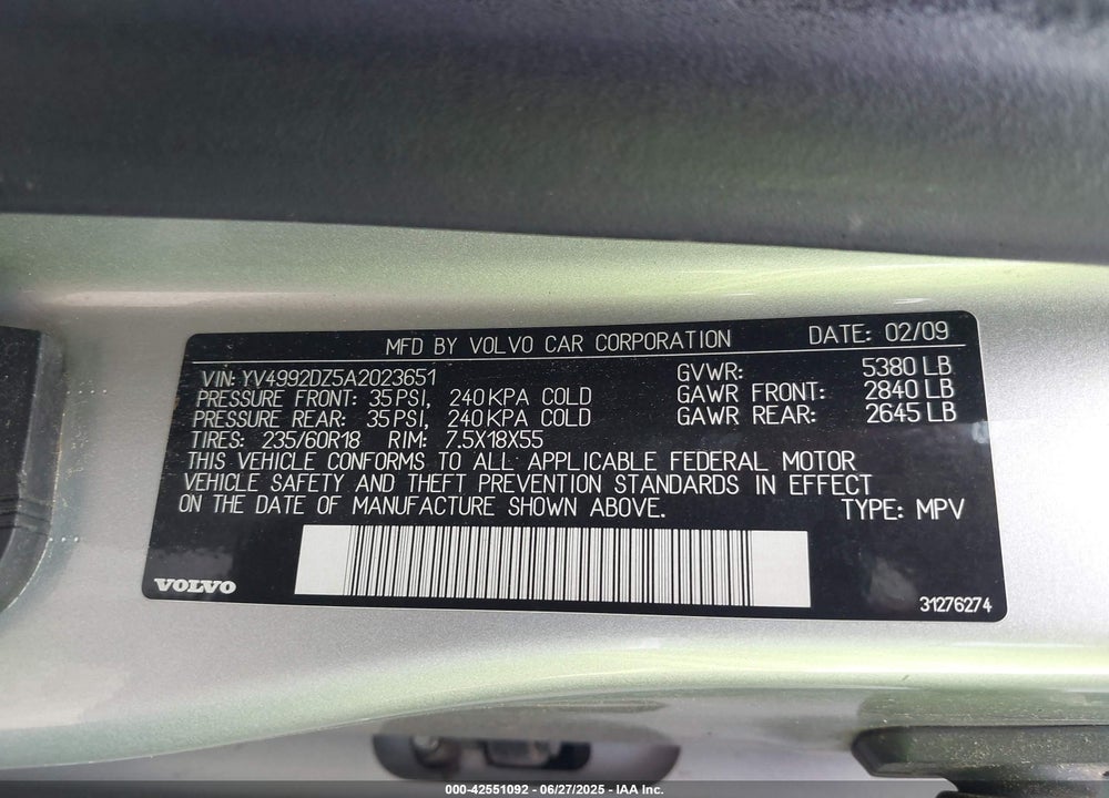 2010 VOLVO XC60 VIN: YV4992DZ5A2023651