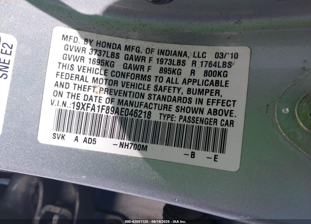 2010 HONDA CIVIC EX VIN: 19XFA1F89AE046218