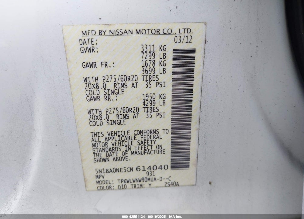 2012 NISSAN ARMADA VIN: 5N1BA0NE5CN614040