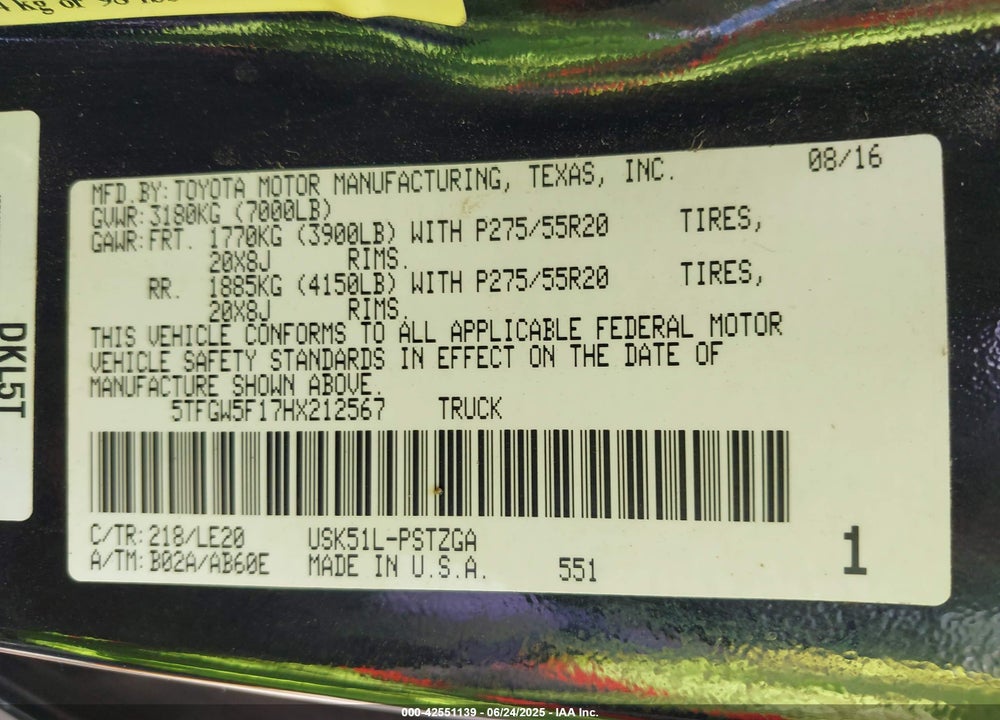2017 TOYOTA TUNDRA VIN: 5TFGW5F17HX212567