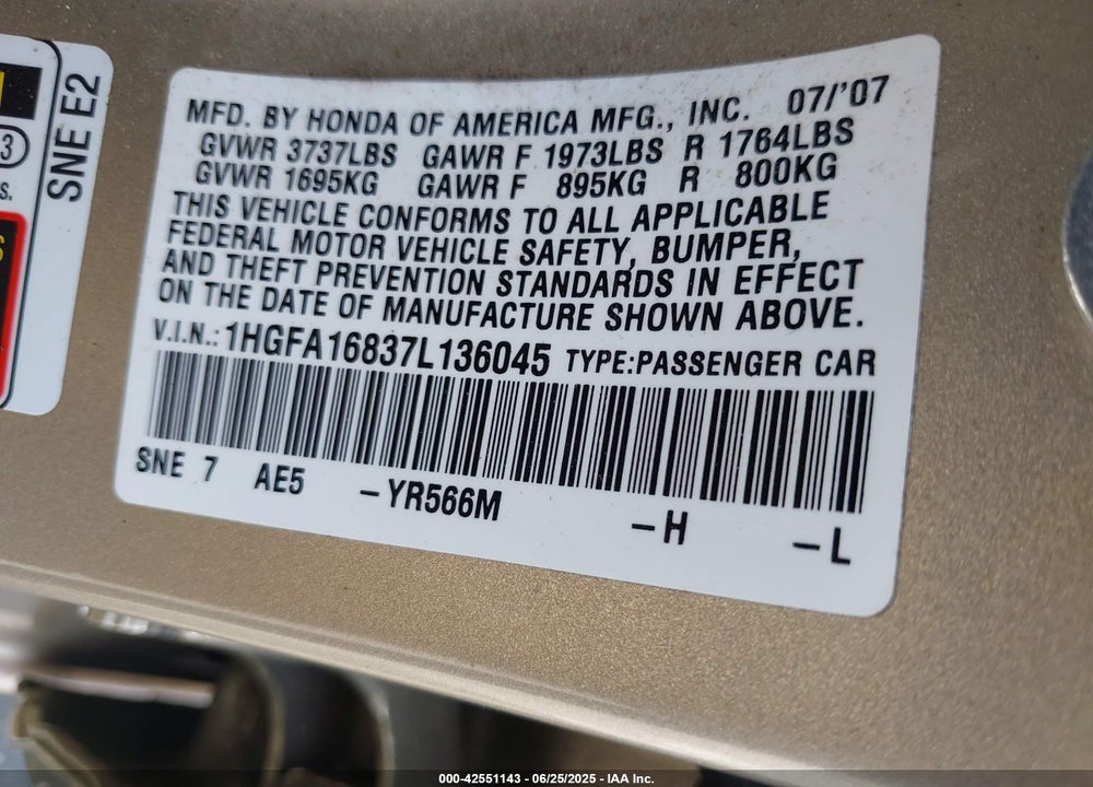 2007 HONDA CIVIC EX VIN: 1HGFA16837L136045