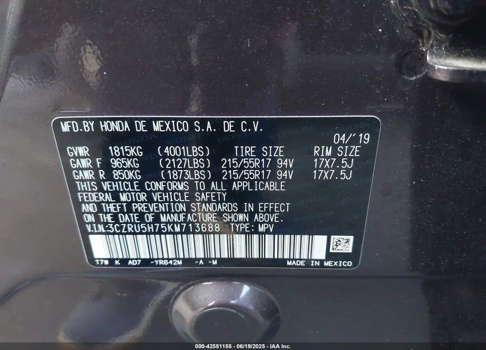 2019 HONDA HR-V EX-L VIN: 3CZRU5H75KM713688