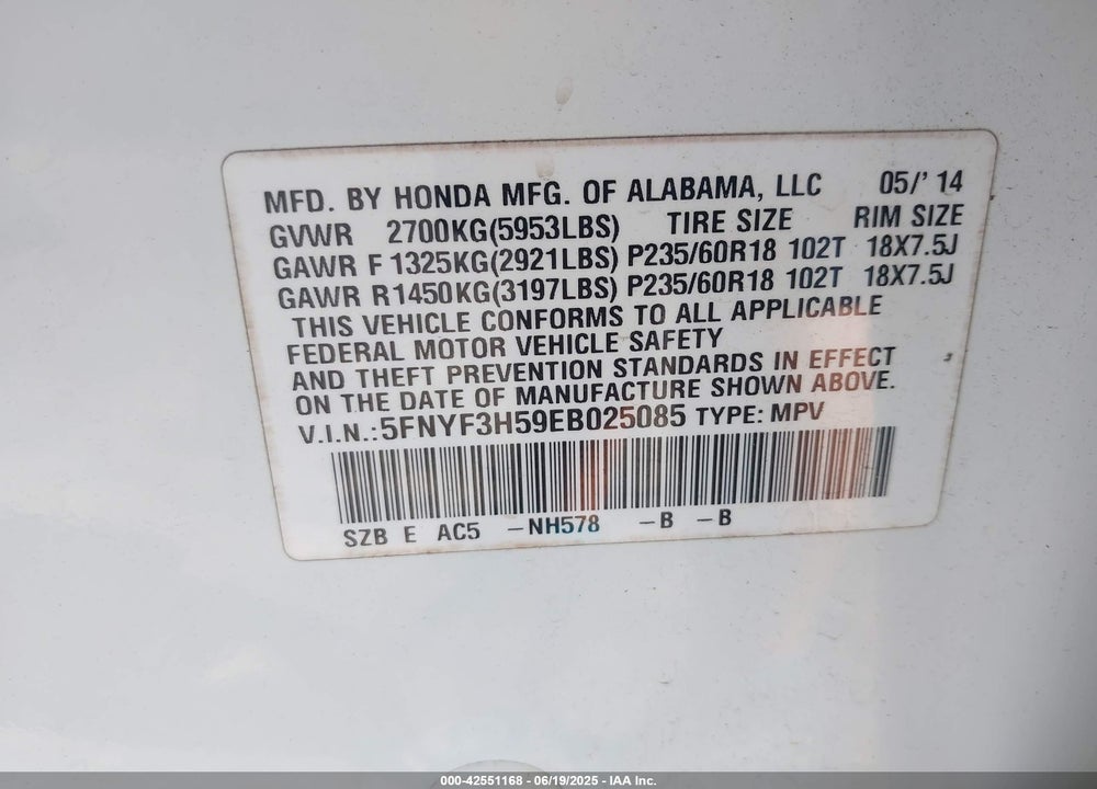 2014 HONDA PILOT VIN: 5FNYF3H59EB025085