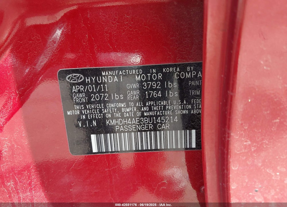 2011 HYUNDAI ELANTRA VIN: KMHDH4AE3B4145214