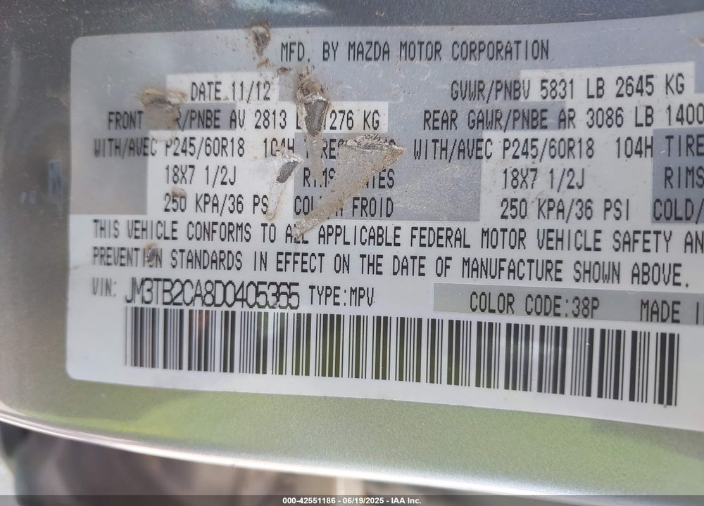 2013 MAZDA CX-9 TOURING VIN: JM3TB2CA8D0405365