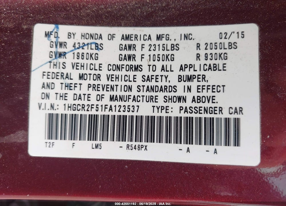 2015 HONDA ACCORD VIN: 1HGCR2F51FA123537