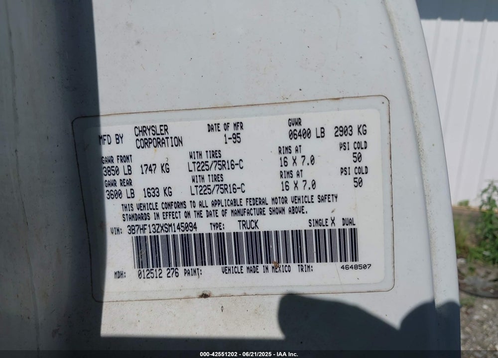 1995 DODGE RAM 1500 VIN: 3B7HF13ZXSM145094