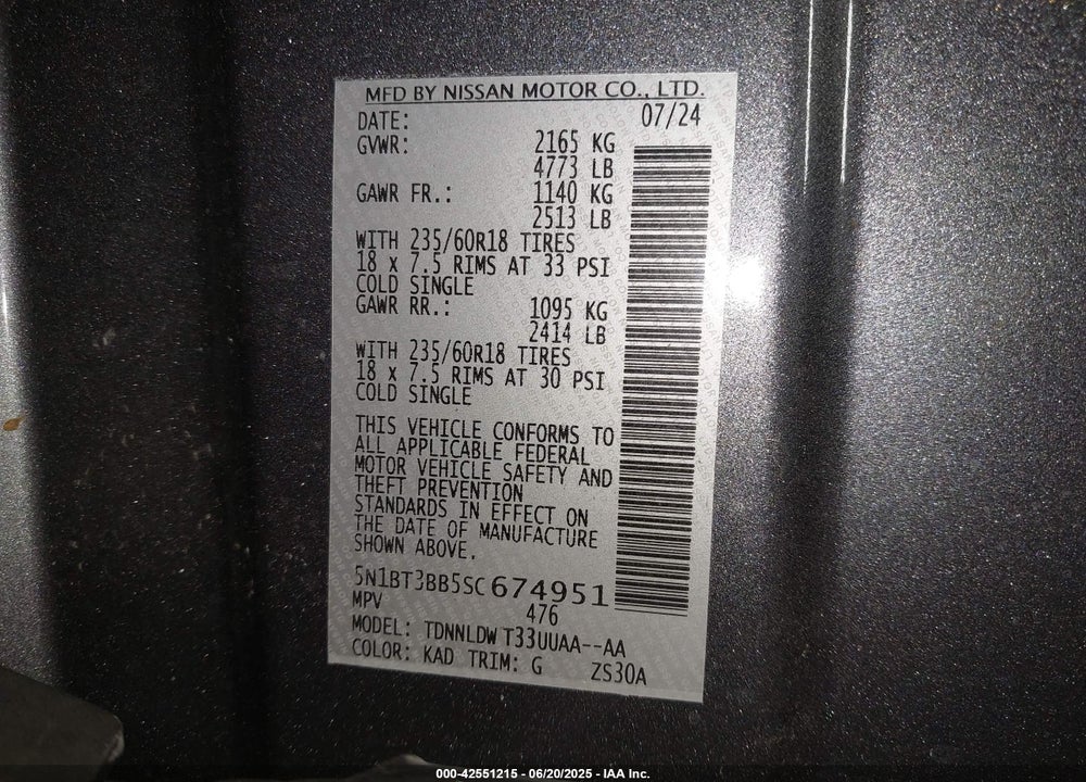 2025 NISSAN ROGUE VIN: 5N1BT3BB5SC674951
