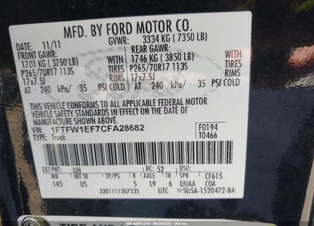 2012 FORD F-150 VIN: 1FTFW1EF7CFA28682