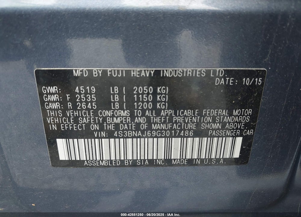 2016 SUBARU LEGACY VIN: 4S3BNAJ69G3017486