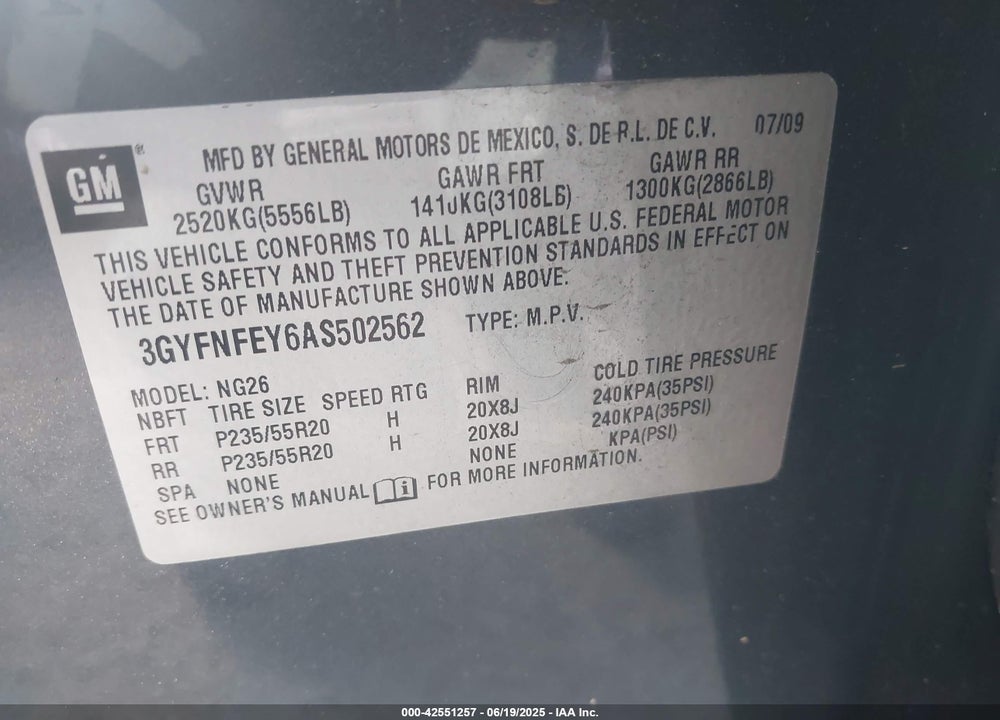 2010 CADILLAC SRX VIN: 3GYFNFEY6AS502562