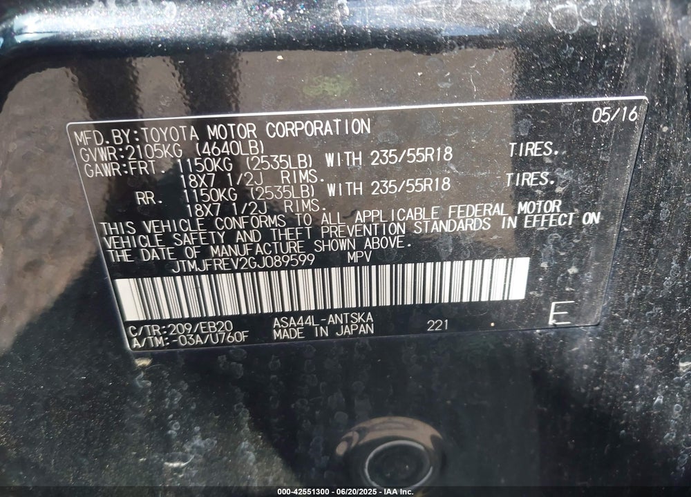 2016 TOYOTA RAV4 VIN: JTMJFREV2GJ089599