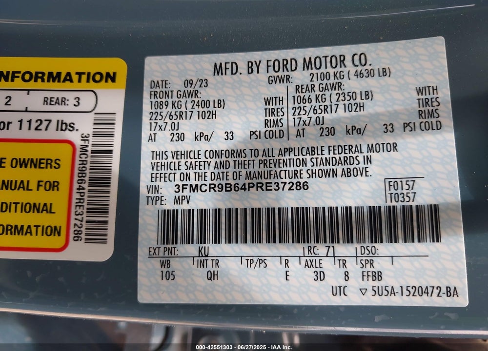 2023 FORD BRONCO SPORT VIN: 3FMCR9B64PRE37286