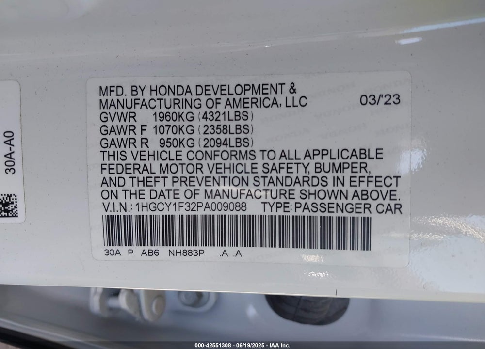 2023 HONDA ACCORD VIN: 1HGCY1F32PA009088