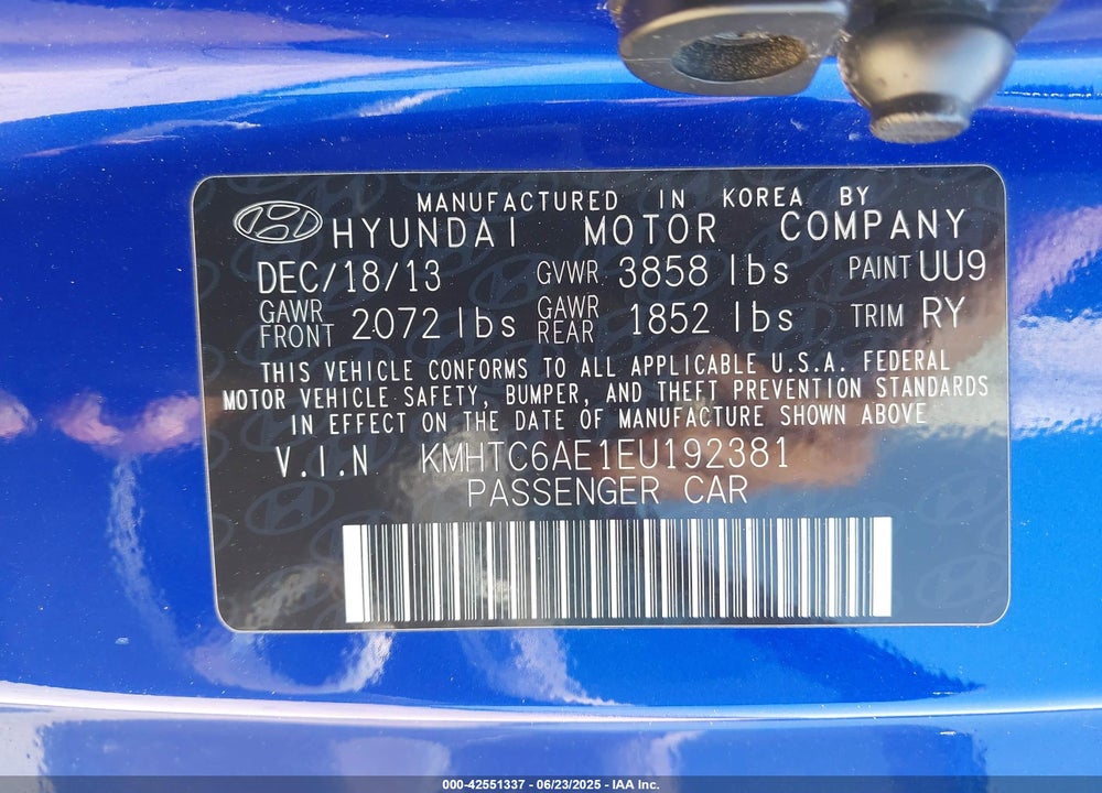 2014 HYUNDAI VELOSTER VIN: KMHTC6AE1EU192381