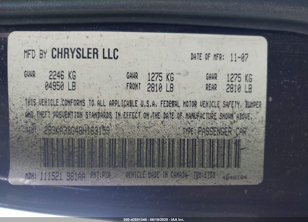 2008 DODGE CHARGER SXT VIN: 2B3KA33G48H163159