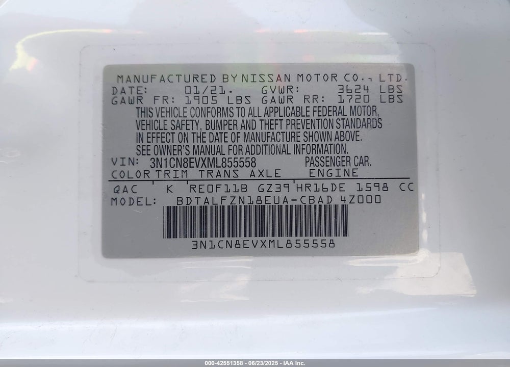 2021 NISSAN VERSA VIN: 3N1CN8EVXML855558