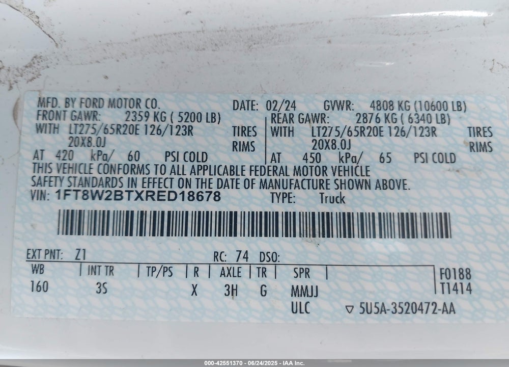 2024 FORD F-250 XLT VIN: 1FT8W2BTXRED18678