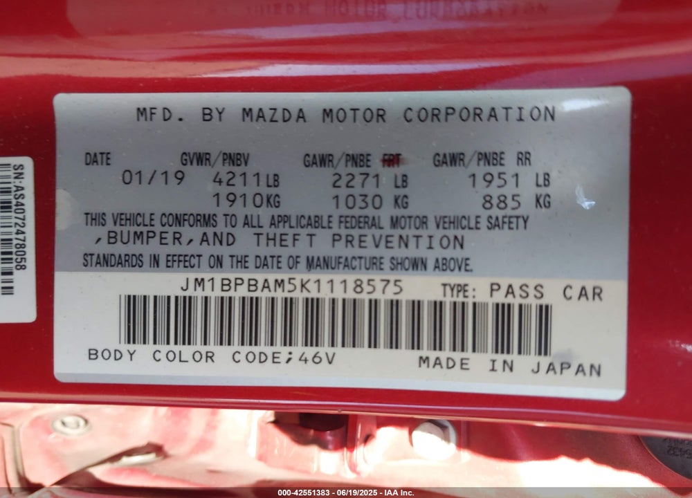 2019 MAZDA 3 VIN: JM1BPBAM5K1118575