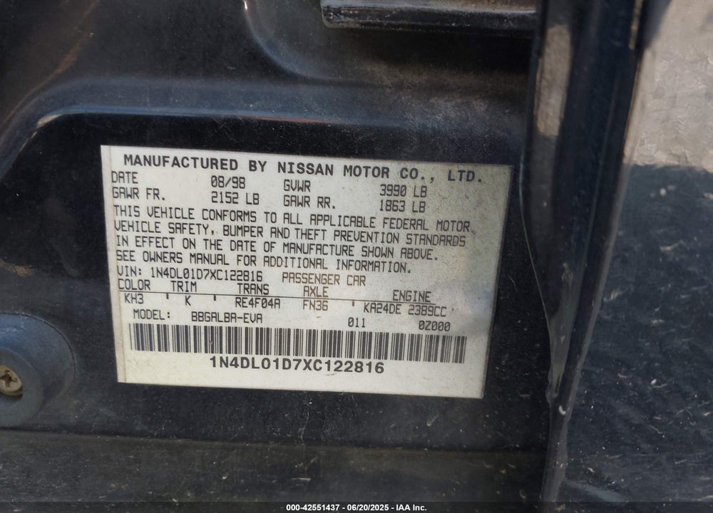 1999 NISSAN ALTIMA GLE/GXE/SE/SE-L/XE VIN: 1N4DL01D7XC122816