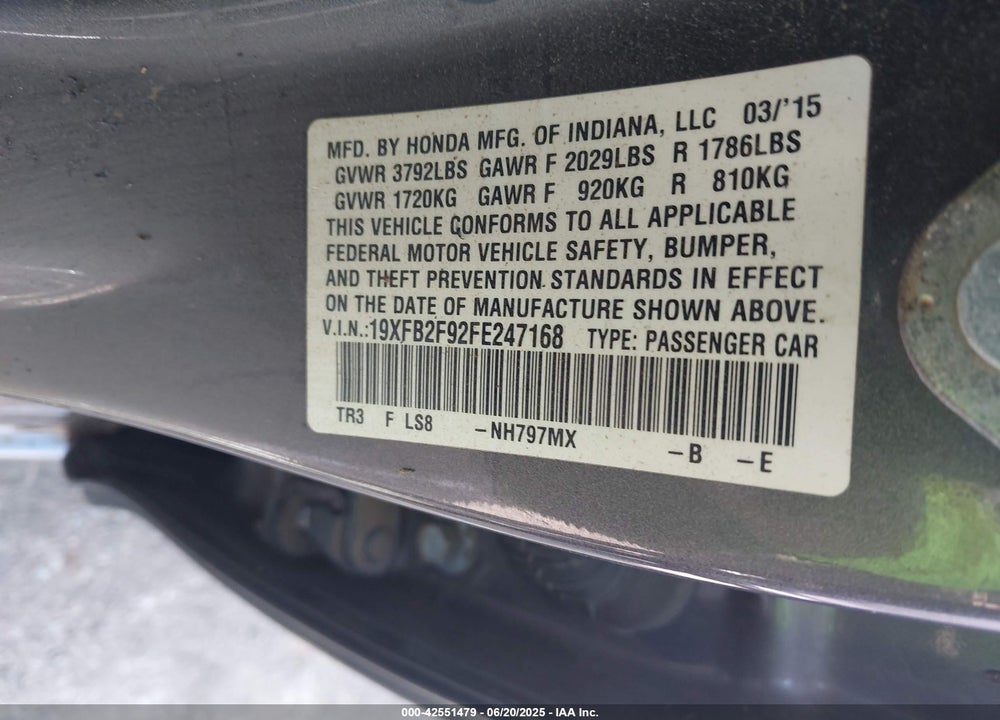 2015 HONDA CIVIC VIN: 19XFB2F92FE247168