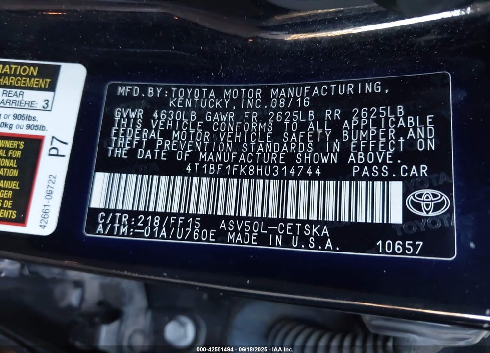 2017 TOYOTA CAMRY VIN: 4T1BF1FK8HU314744