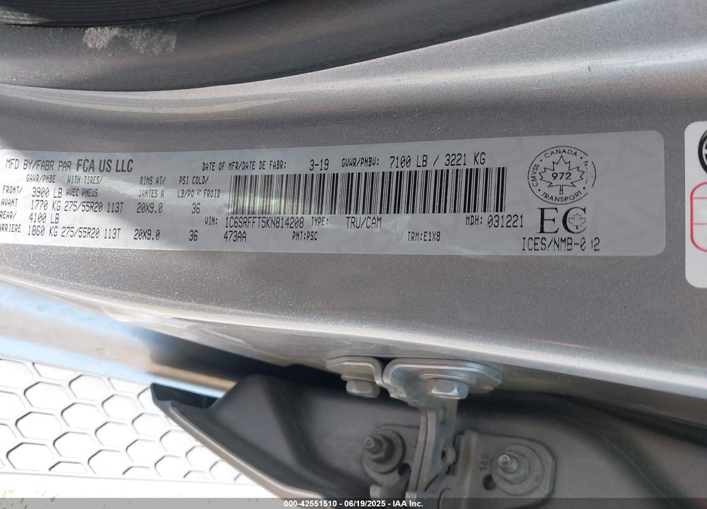 2019 RAM 1500 BIG HORN VIN: 1C6SRFFT5KN814208