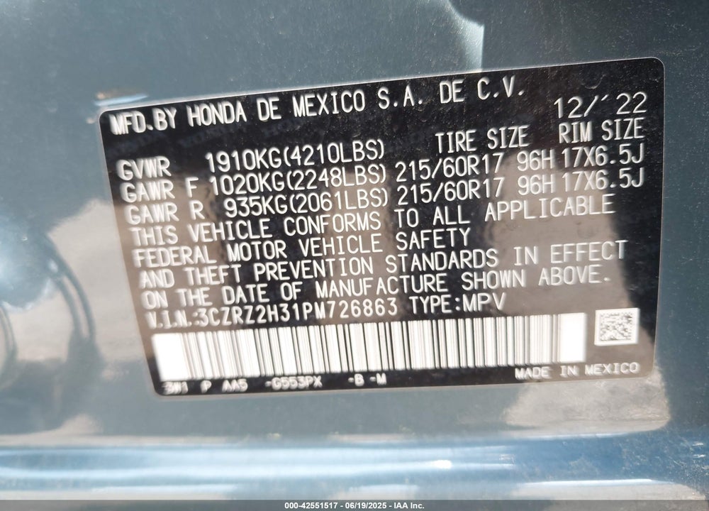 2023 HONDA HR-V VIN: 3CZRZ2H31PM726863