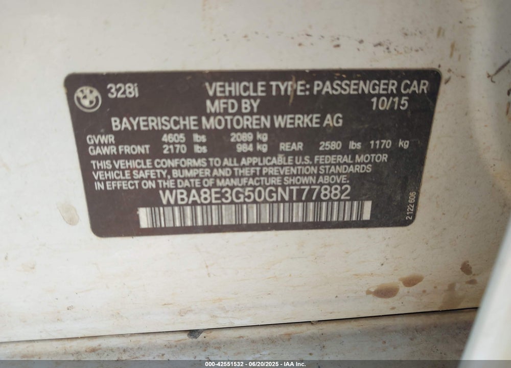 2016 BMW 3 SERIES VIN: WBA8E3G50GNT77882