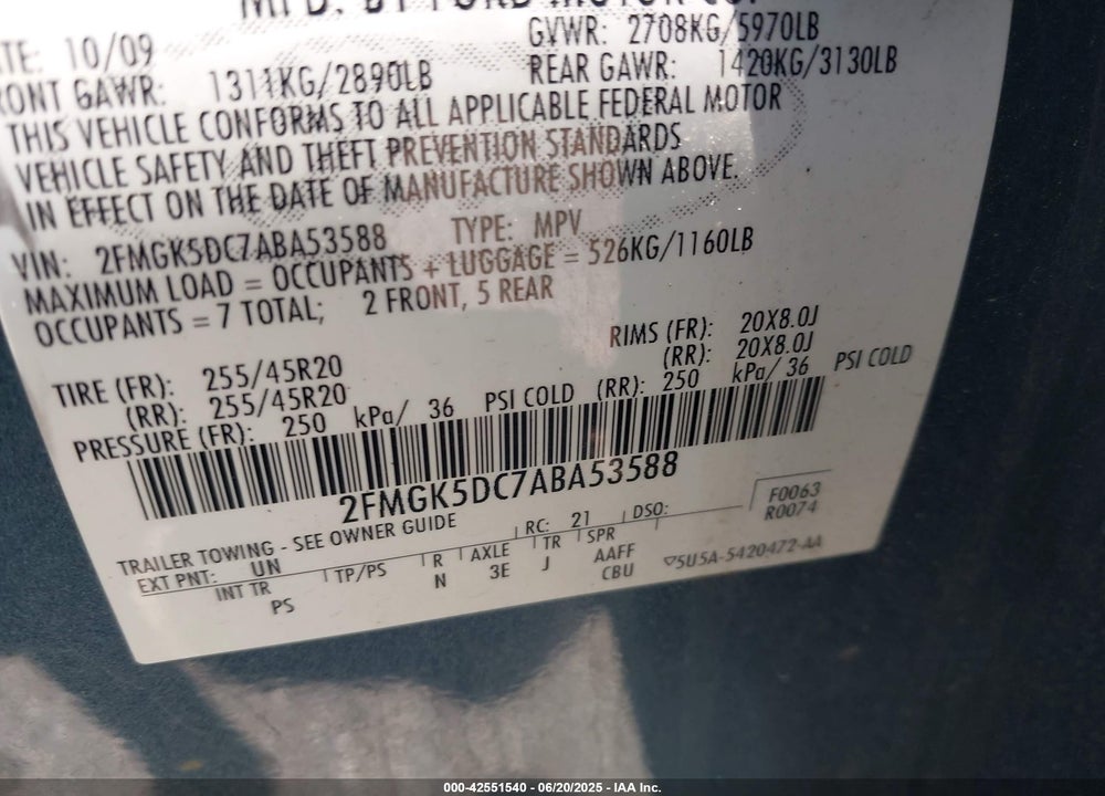 2010 FORD FLEX VIN: 2FMGK5DC7ABA53588