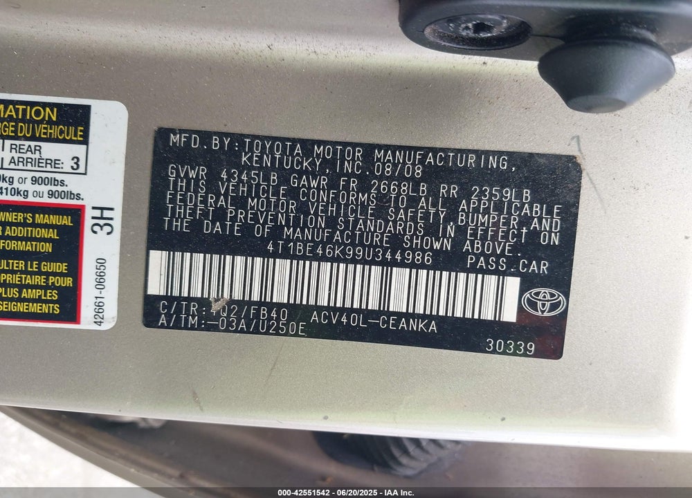 2009 TOYOTA CAMRY LE VIN: 4T1BE46K99U344986