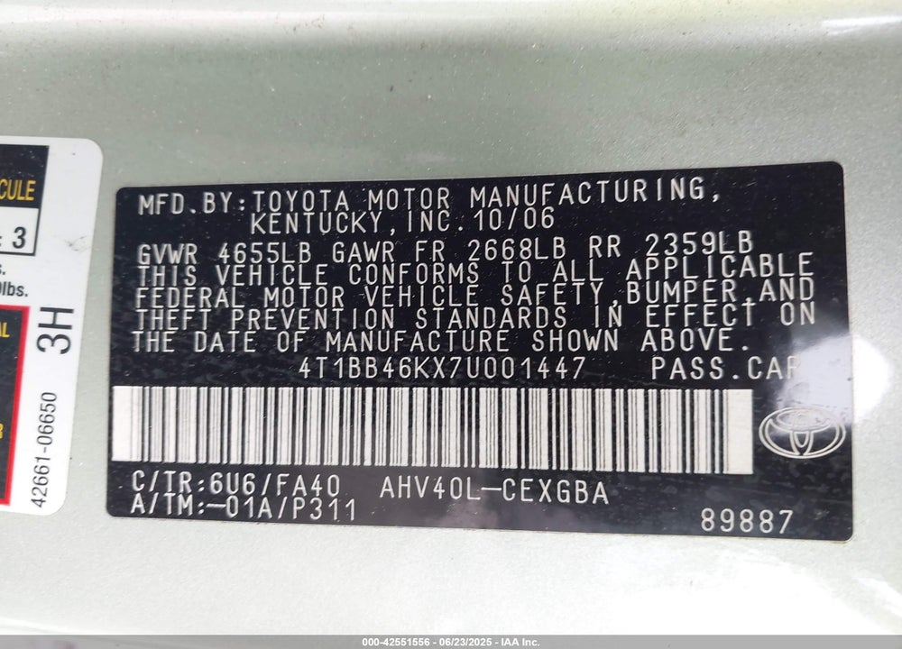2007 TOYOTA CAMRY HYBRID VIN: 4T1BB46KX7U001447